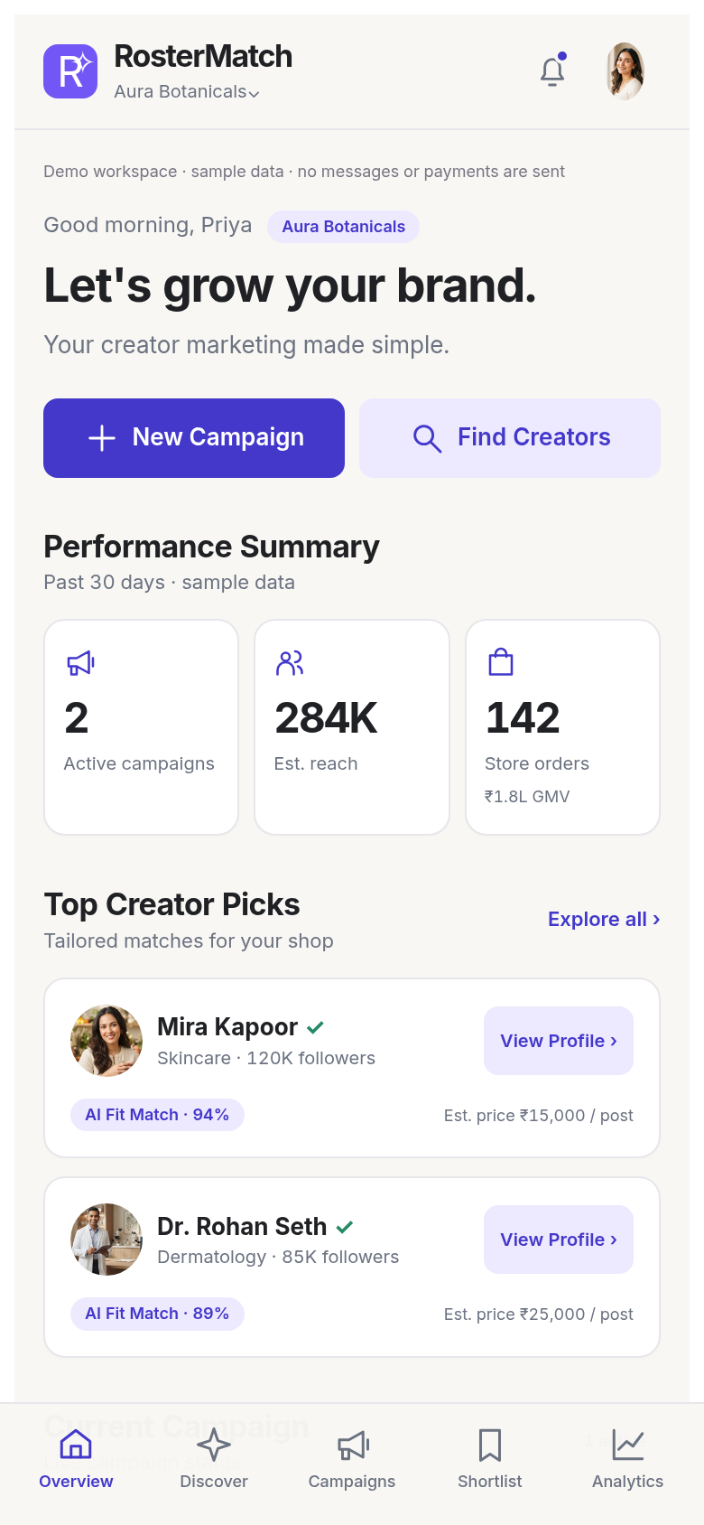 RosterMatch dashboard with campaign summary and top creator picks