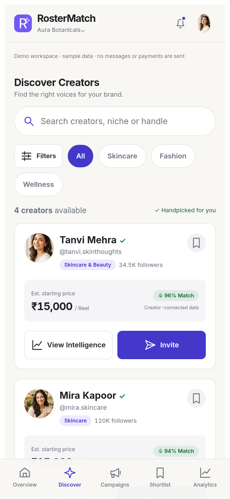 RosterMatch creator discovery with search and category filters